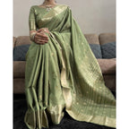 Women's Satin Printed Saree With Unstitched Blouse 5.5Mtr  (Green)