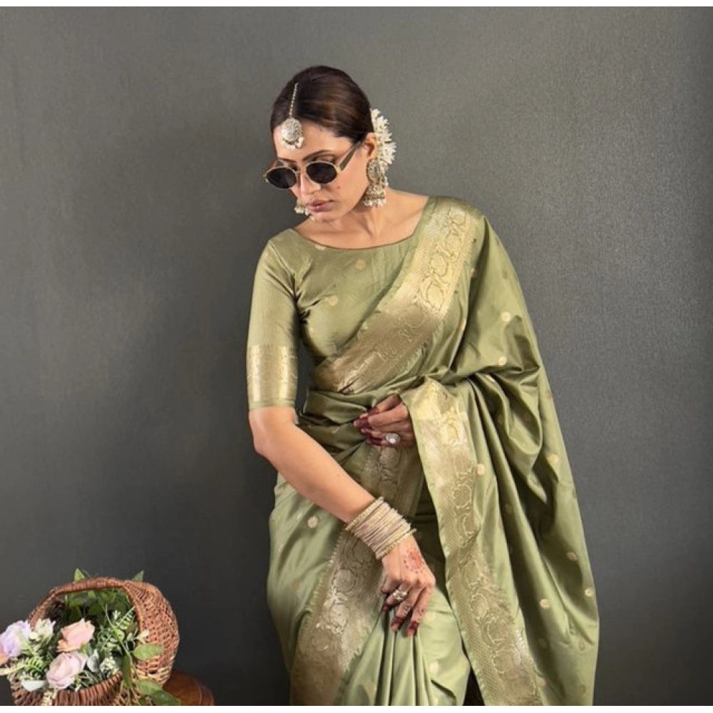 Women's Satin Printed Saree With Unstitched Blouse 5.5Mtr  (Green)