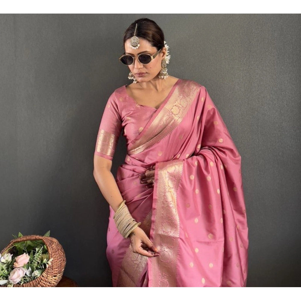 Women's Satin Printed Saree With Unstitched Blouse 5.5Mtr  (Pink)