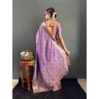 Women's Satin Printed Saree With Unstitched Blouse 5.5Mtr  (Purple)