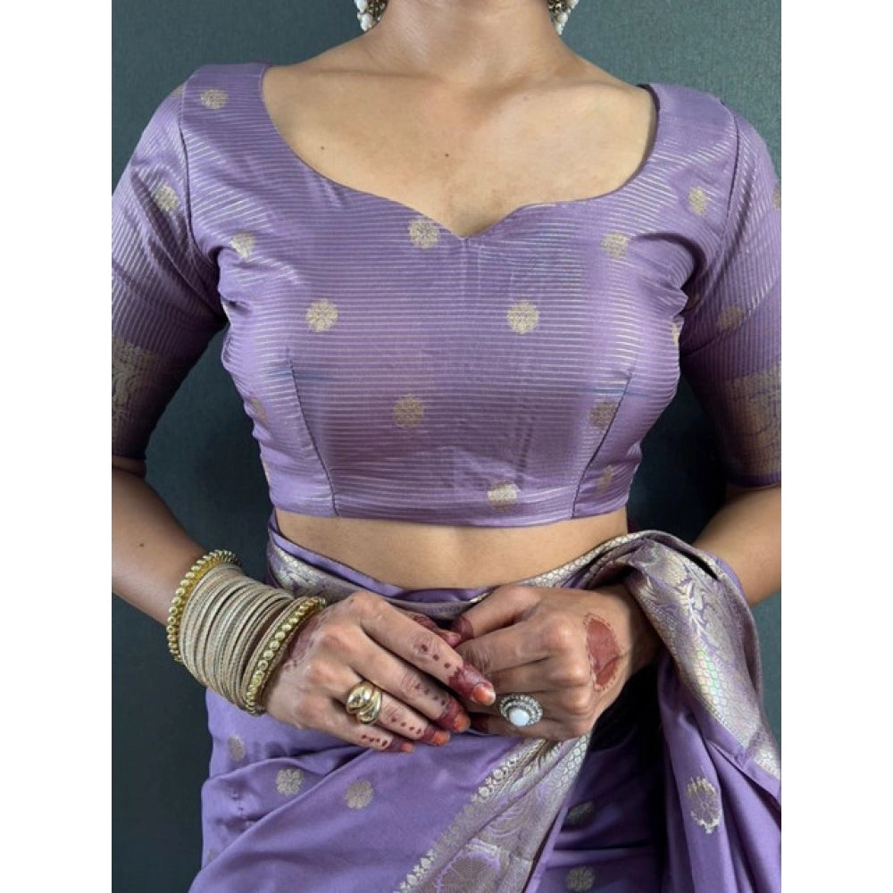 Women's Satin Printed Saree With Unstitched Blouse 5.5Mtr  (Purple)