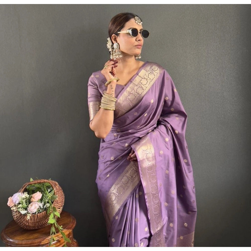 Women's Satin Printed Saree With Unstitched Blouse 5.5Mtr  (Purple)