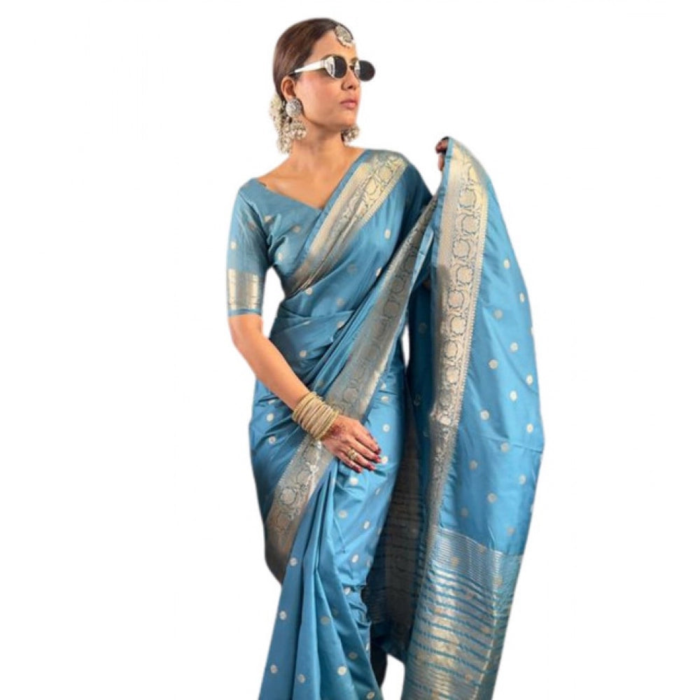 Women's Satin Printed Saree With Unstitched Blouse 5.5Mtr  (light Blue)