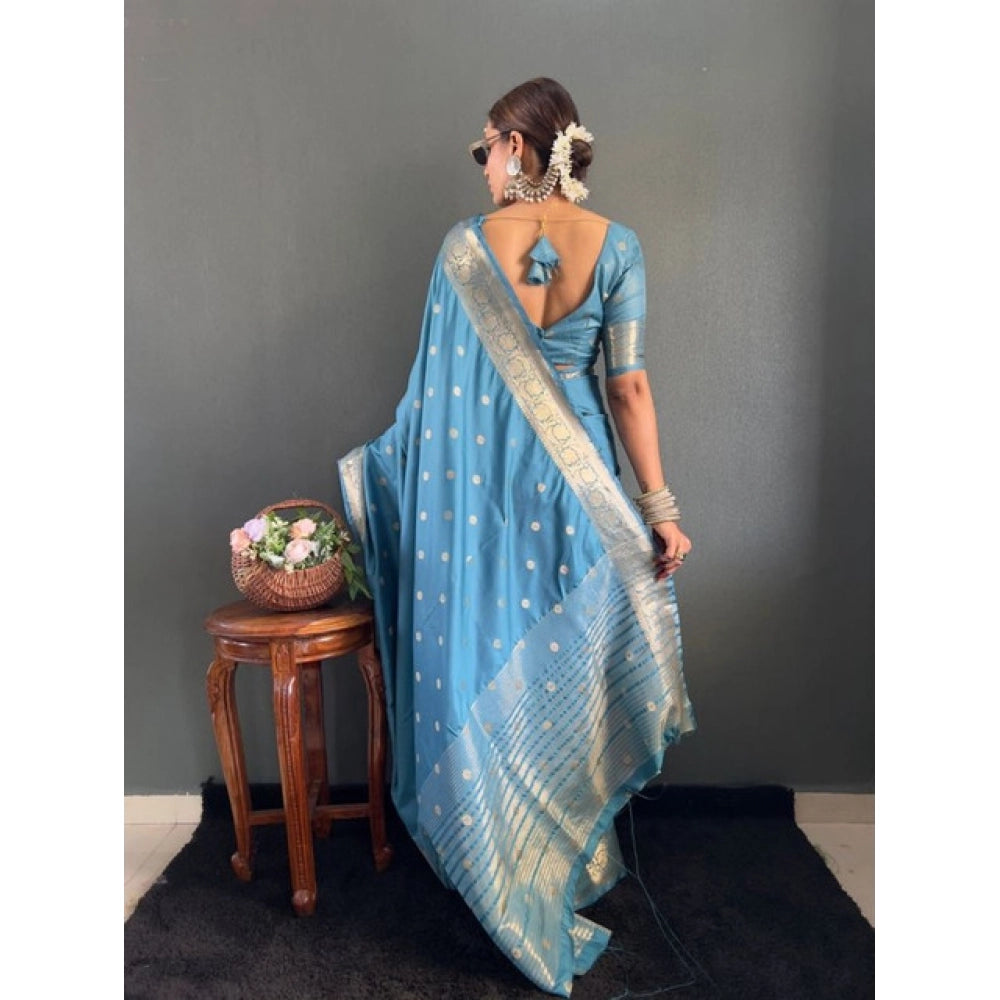 Women's Satin Printed Saree With Unstitched Blouse 5.5Mtr  (light Blue)