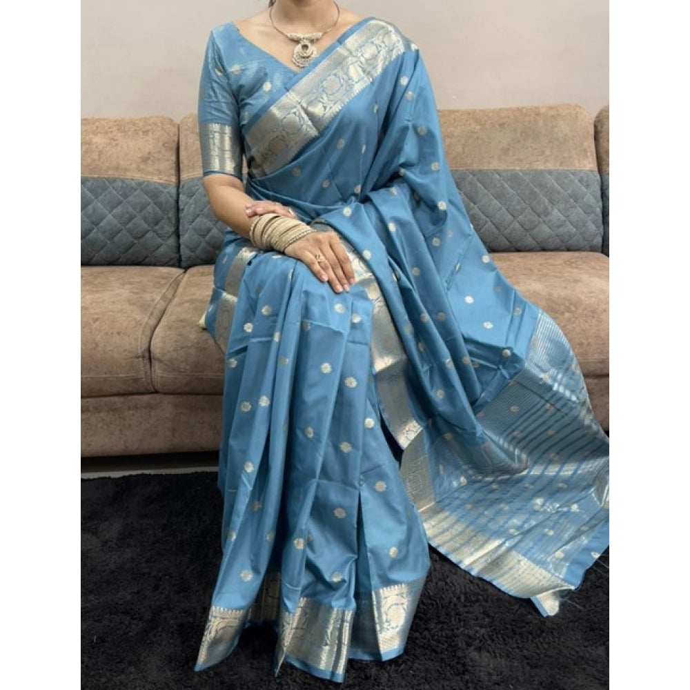 Women's Satin Printed Saree With Unstitched Blouse 5.5Mtr  (light Blue)