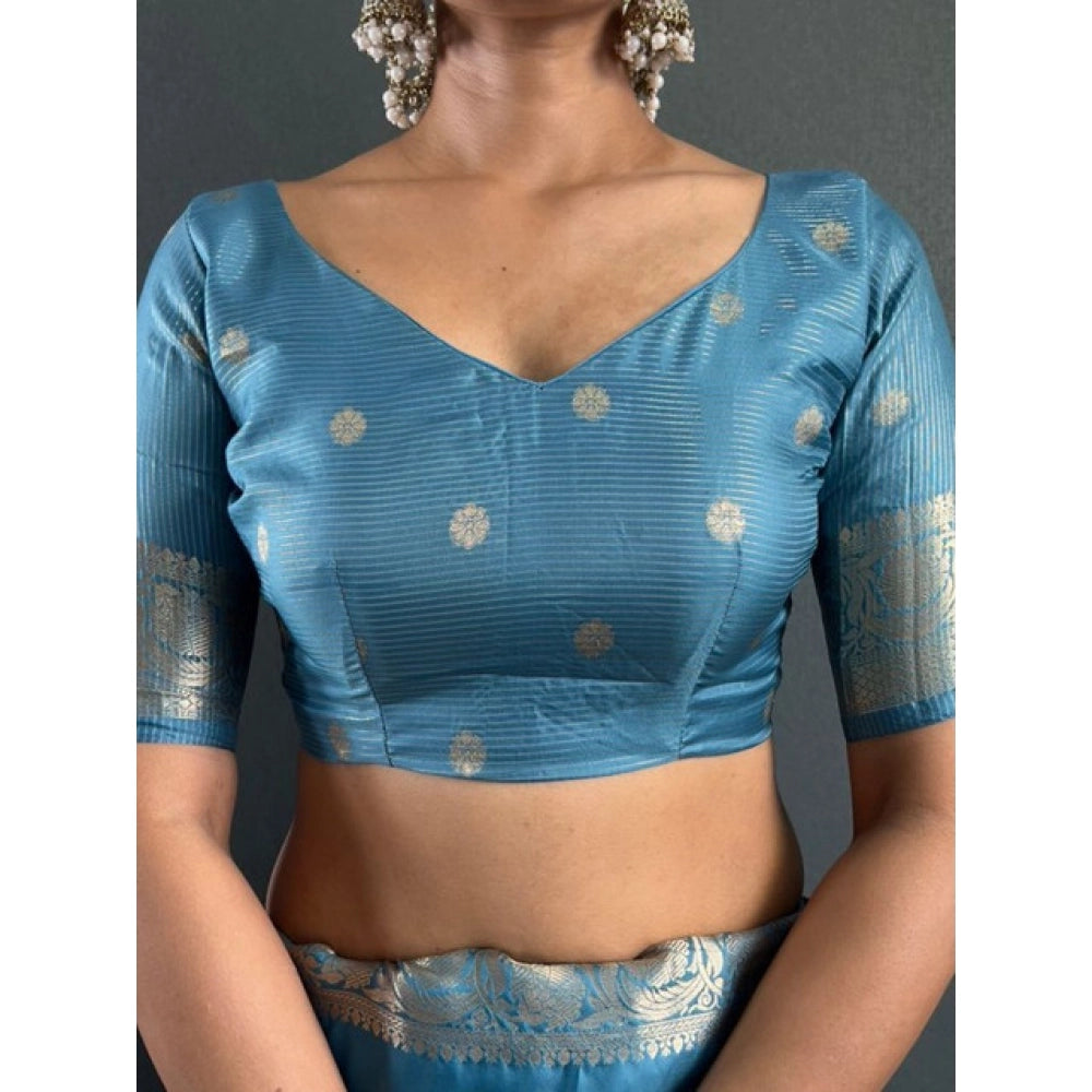 Women's Satin Printed Saree With Unstitched Blouse 5.5Mtr  (light Blue)