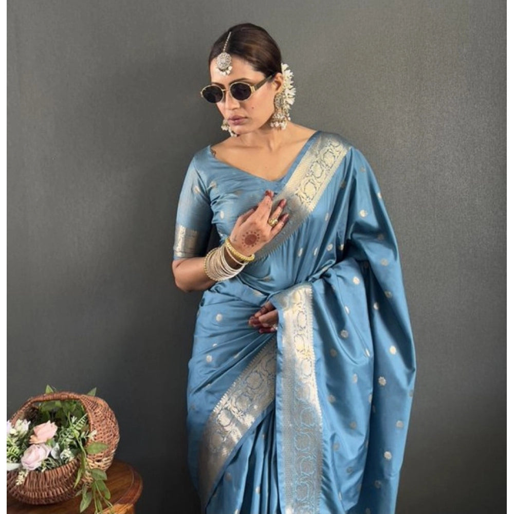Women's Satin Printed Saree With Unstitched Blouse 5.5Mtr  (light Blue)