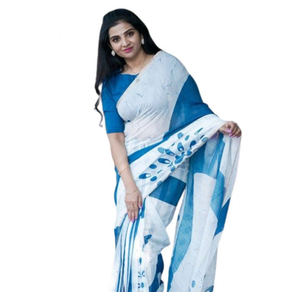 Women's Linen Printed Saree With Unstitched Blouse 5.5Mtr  (White)