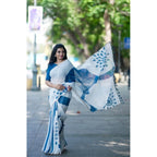 Women's Linen Printed Saree With Unstitched Blouse 5.5Mtr  (White)