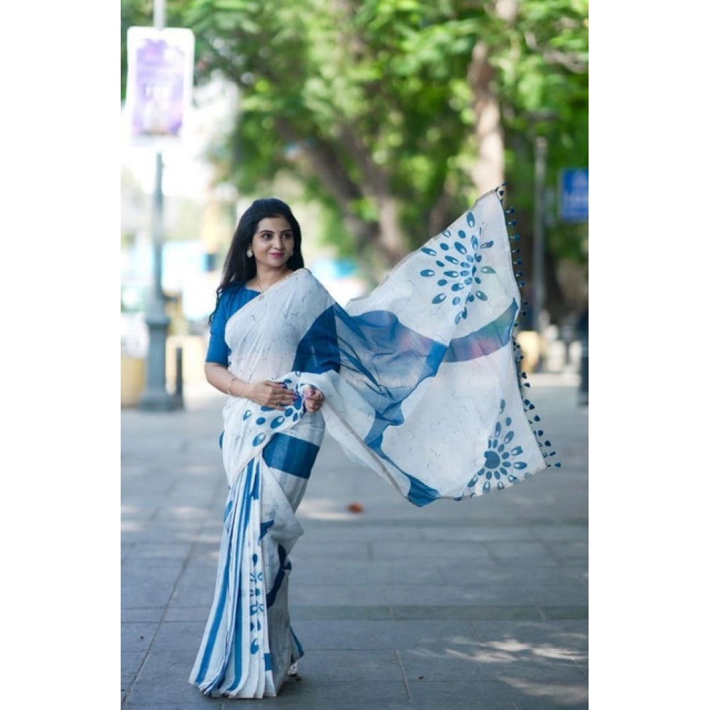 Women's Linen Printed Saree With Unstitched Blouse 5.5Mtr  (White)