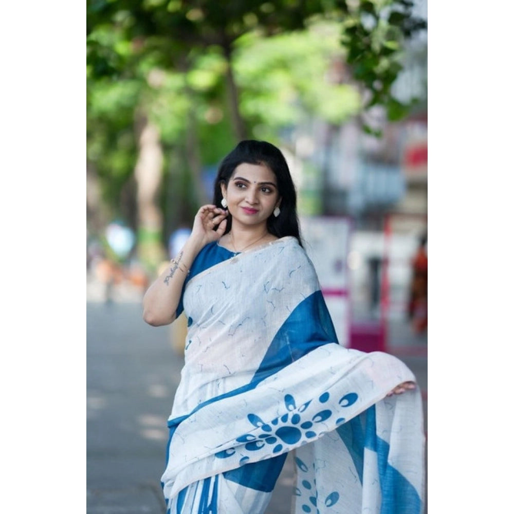 Women's Linen Printed Saree With Unstitched Blouse 5.5Mtr  (White)
