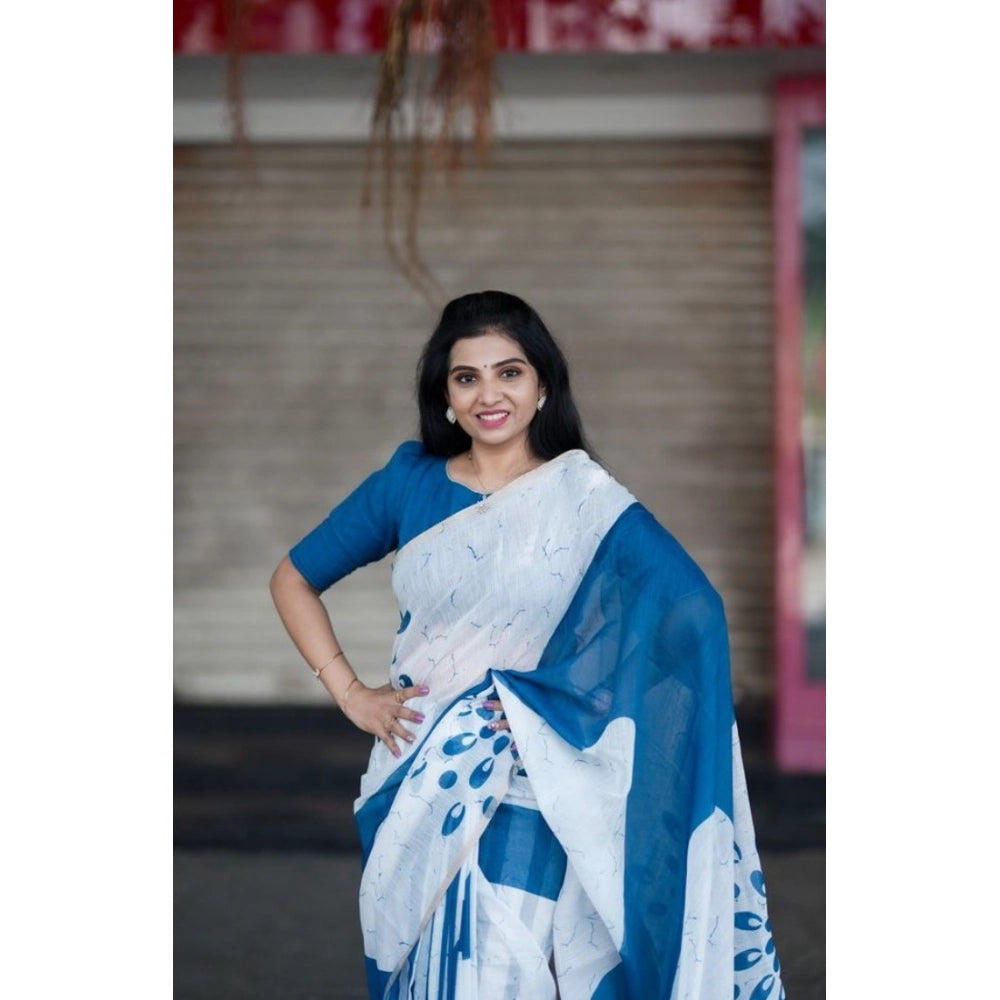Women's Linen Printed Saree With Unstitched Blouse 5.5Mtr  (White)