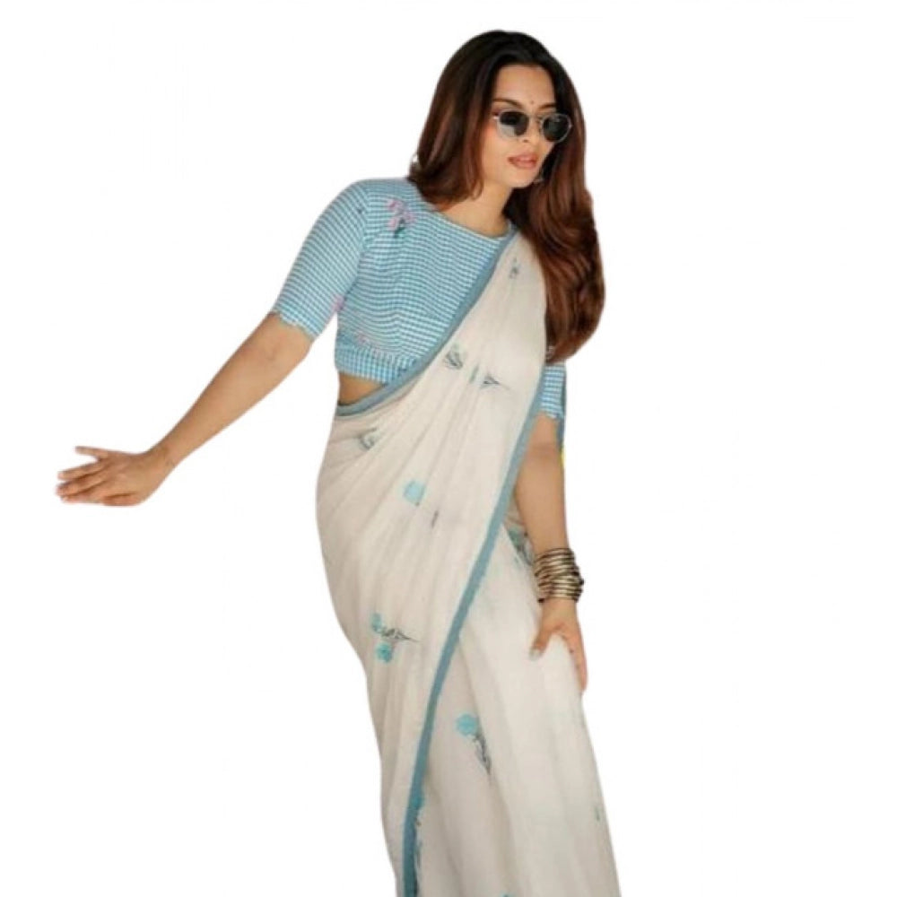 Women's Linen Printed Saree With Unstitched Blouse 5.5Mtr  (White)