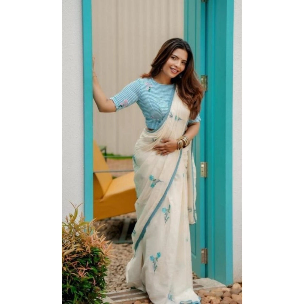Women's Linen Printed Saree With Unstitched Blouse 5.5Mtr  (White)
