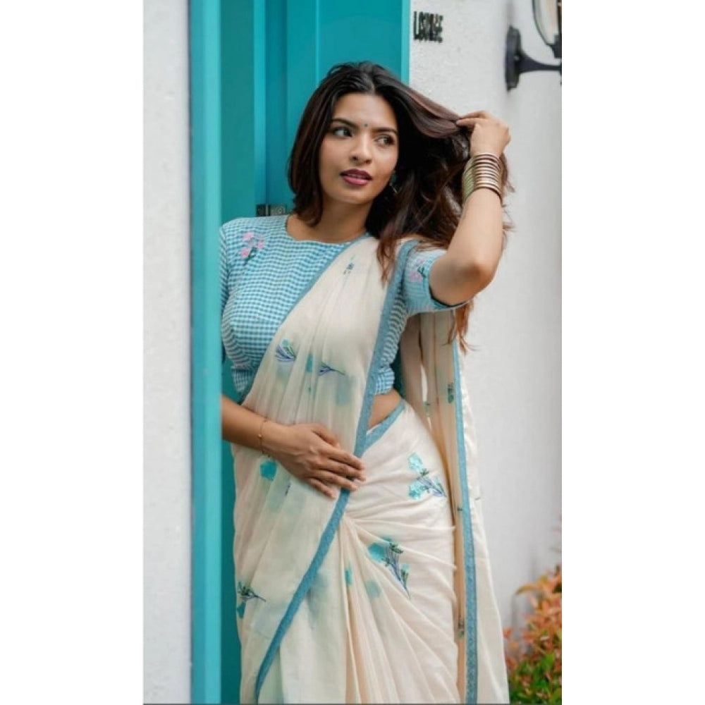 Women's Linen Printed Saree With Unstitched Blouse 5.5Mtr  (White)