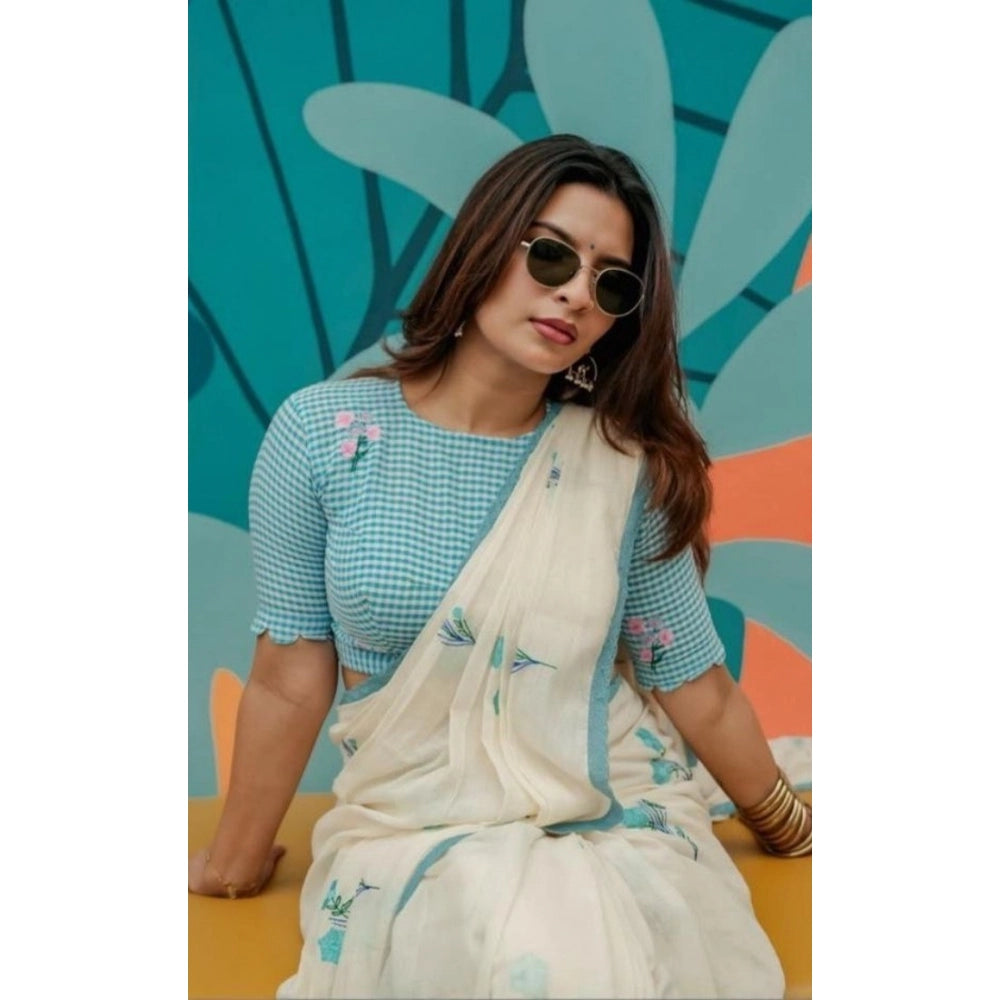 Women's Linen Printed Saree With Unstitched Blouse 5.5Mtr  (White)
