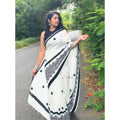 Women's Linen Printed Saree With Unstitched Blouse 5.5Mtr  (White)