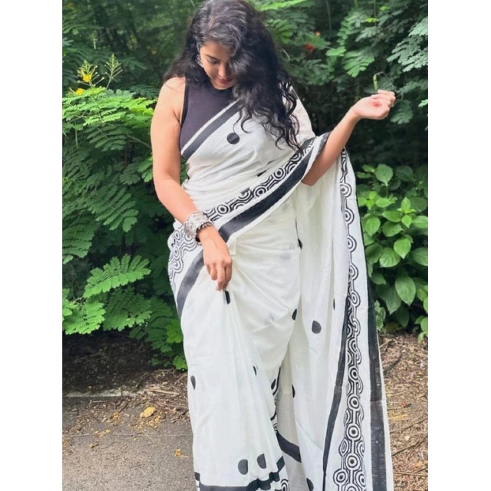 Women's Linen Printed Saree With Unstitched Blouse 5.5Mtr  (White)