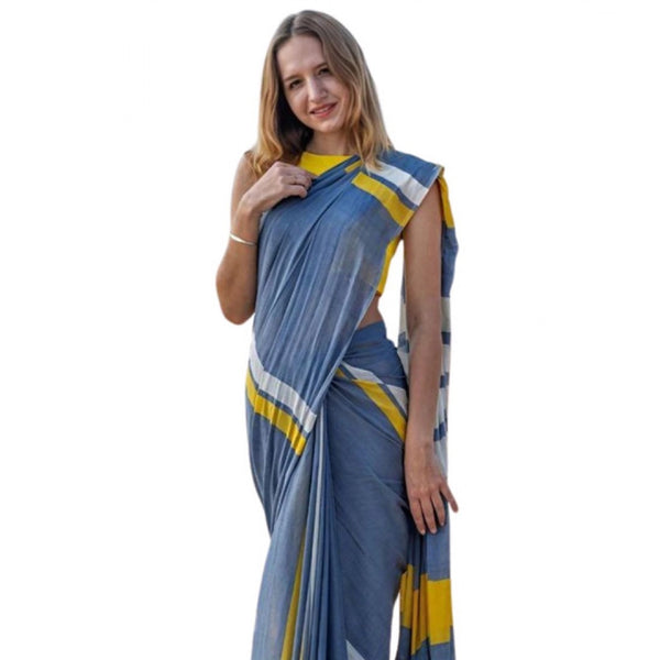 Women's Linen Printed Saree With Unstitched Blouse 5.5Mtr  (Blue)
