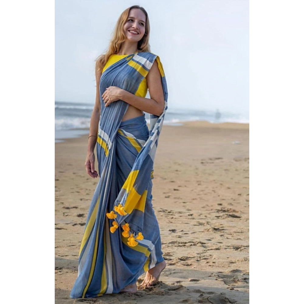 Women's Linen Printed Saree With Unstitched Blouse 5.5Mtr  (Blue)
