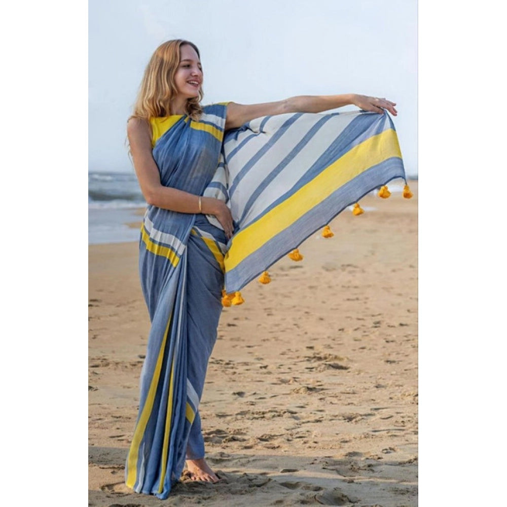 Women's Linen Printed Saree With Unstitched Blouse 5.5Mtr  (Blue)