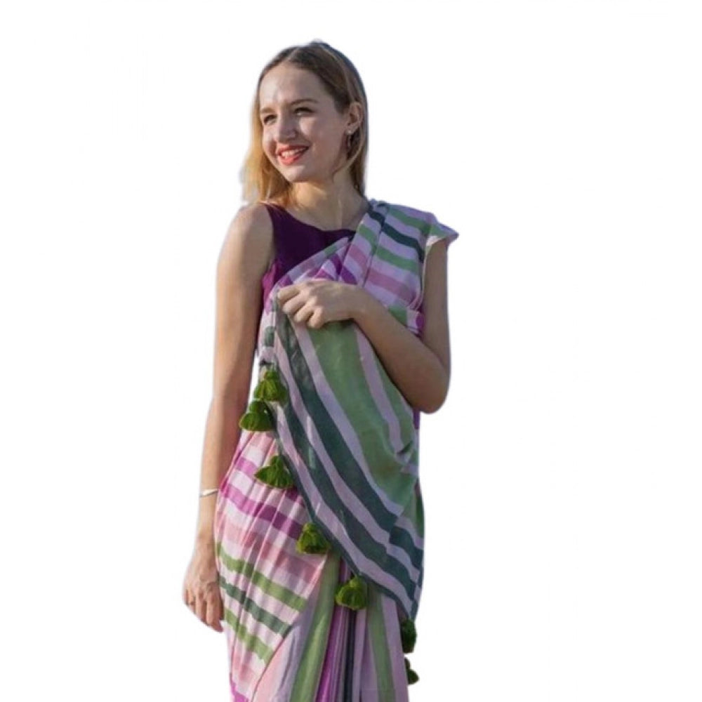 Women's Linen Printed Saree With Unstitched Blouse 5.5Mtr  (Pink)