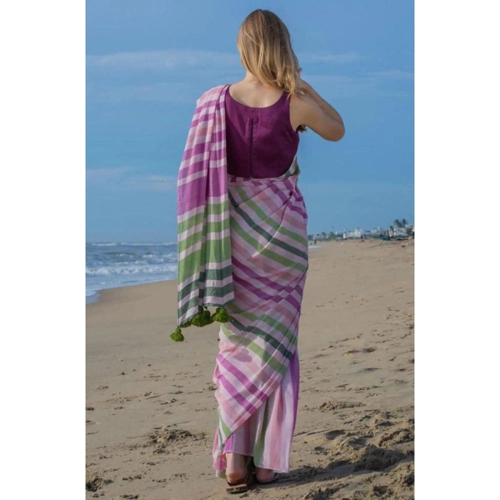 Women's Linen Printed Saree With Unstitched Blouse 5.5Mtr  (Pink)