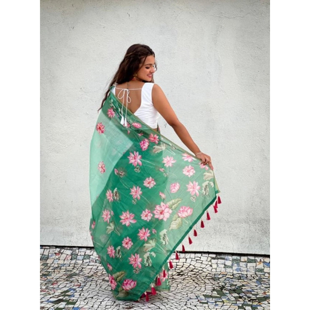 Women's Linen Printed Saree With Unstitched Blouse 5.5Mtr  (Green)