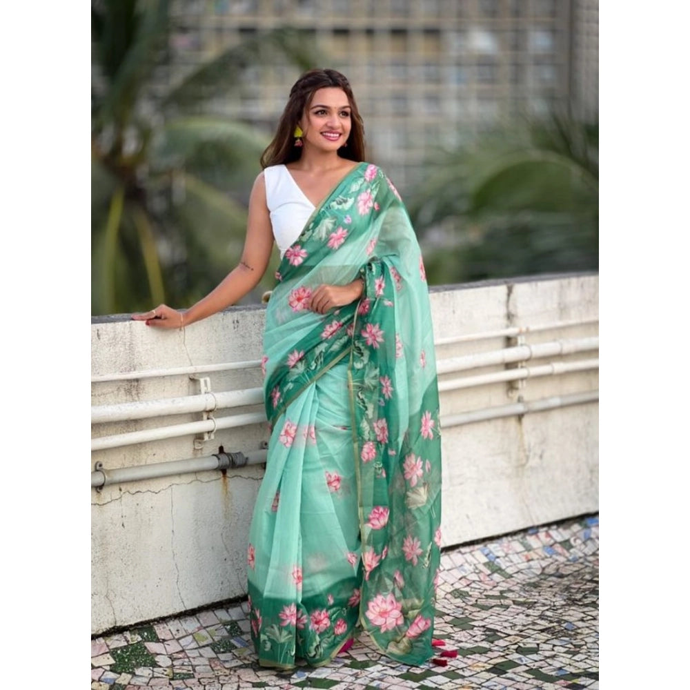 Women's Linen Printed Saree With Unstitched Blouse 5.5Mtr  (Green)