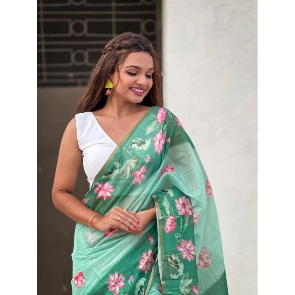 Women's Linen Printed Saree With Unstitched Blouse 5.5Mtr  (Green)