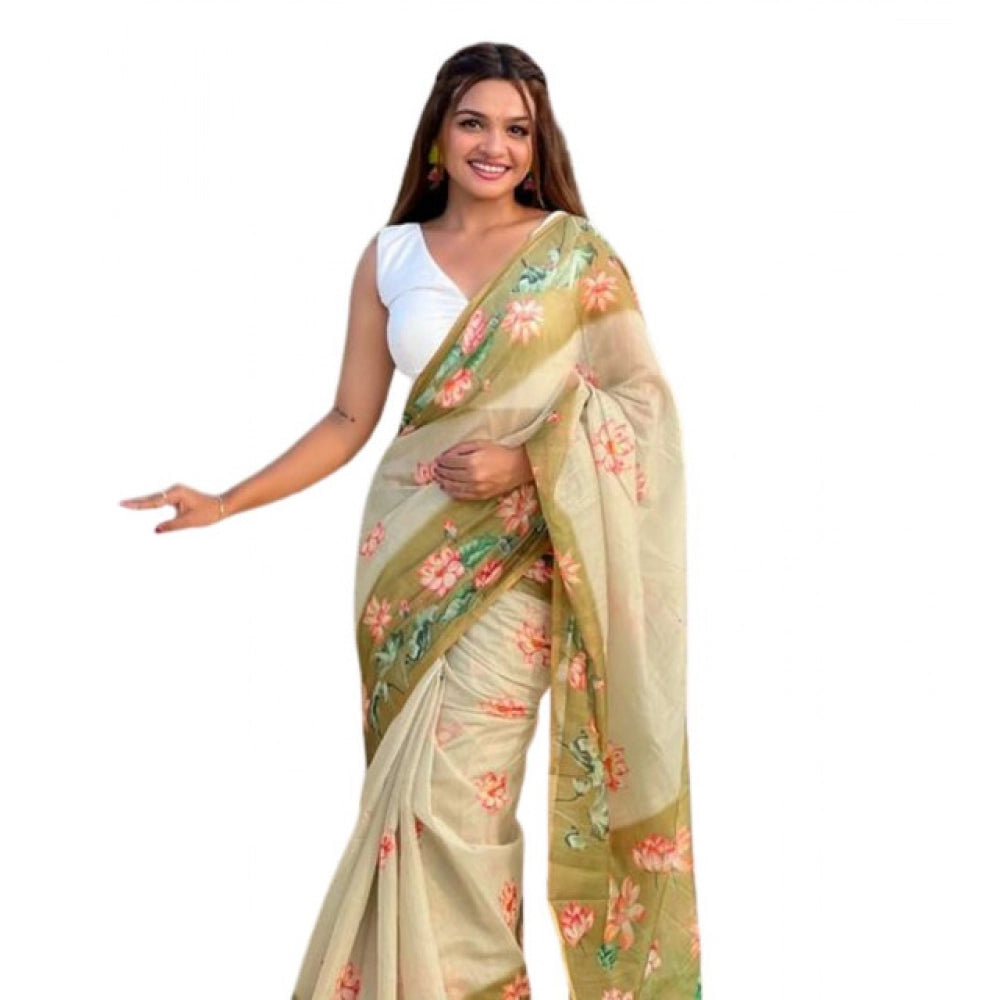 Women's Linen Printed Saree With Unstitched Blouse 5.5Mtr  (Mahendi)