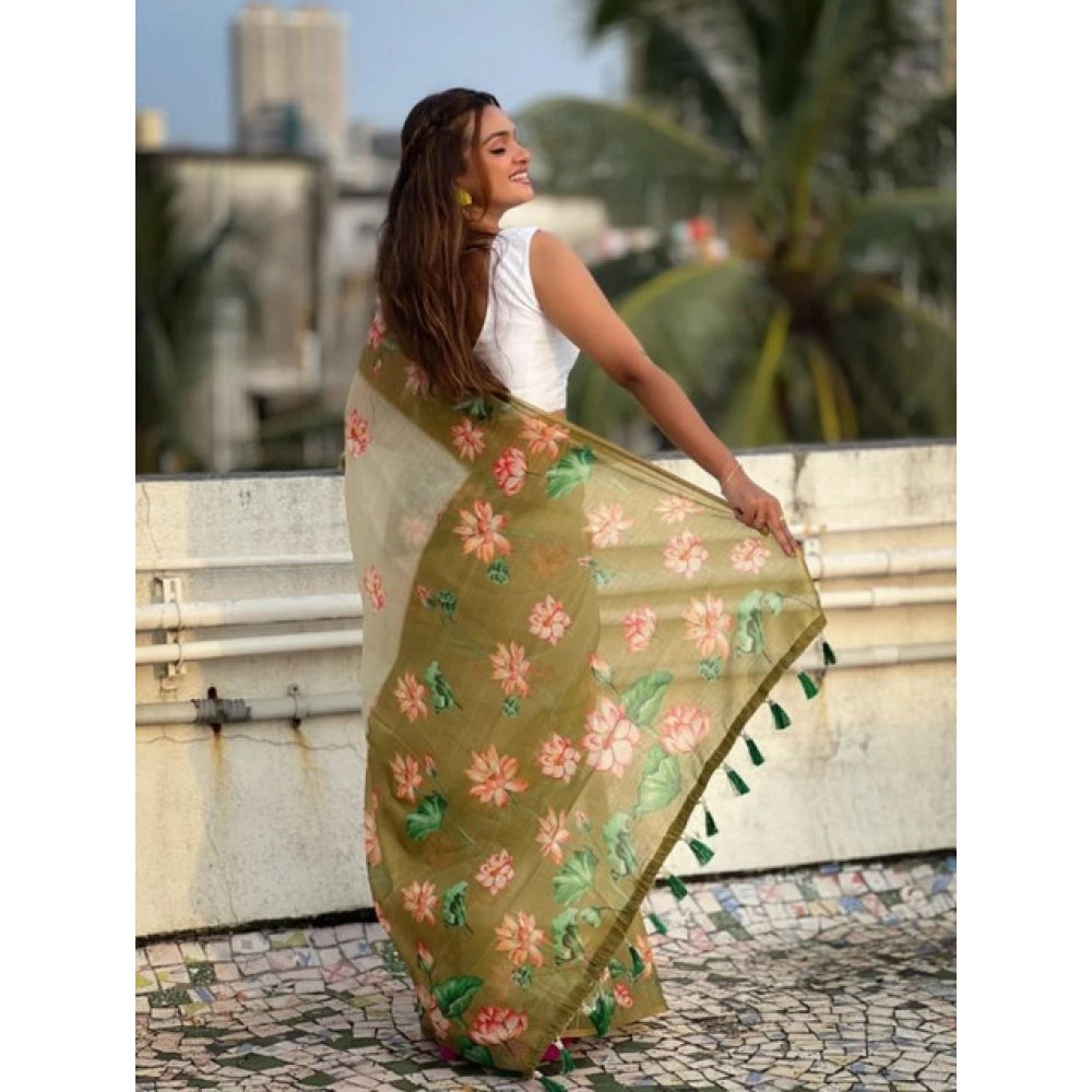 Women's Linen Printed Saree With Unstitched Blouse 5.5Mtr  (Mahendi)