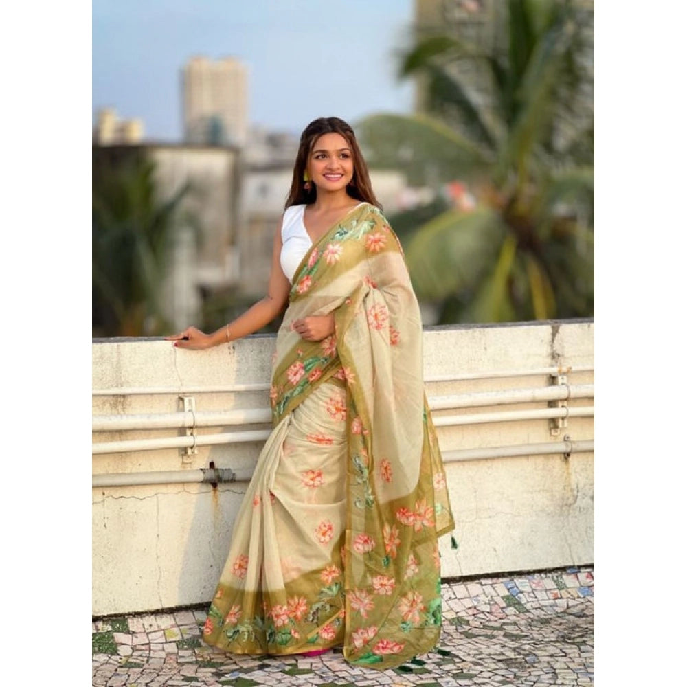 Women's Linen Printed Saree With Unstitched Blouse 5.5Mtr  (Mahendi)