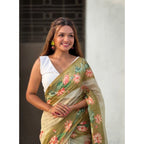 Women's Linen Printed Saree With Unstitched Blouse 5.5Mtr  (Mahendi)