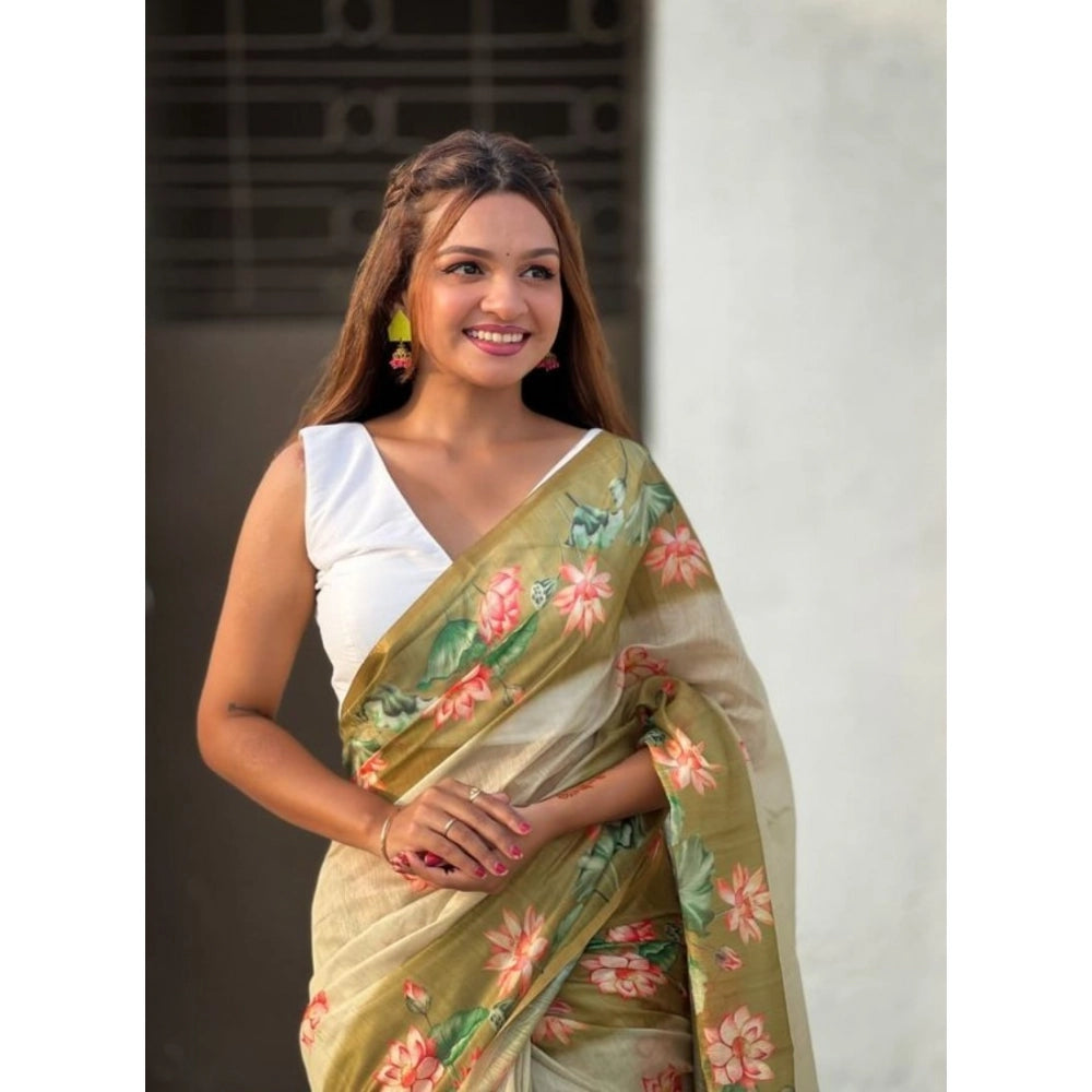 Women's Linen Printed Saree With Unstitched Blouse 5.5Mtr  (Mahendi)