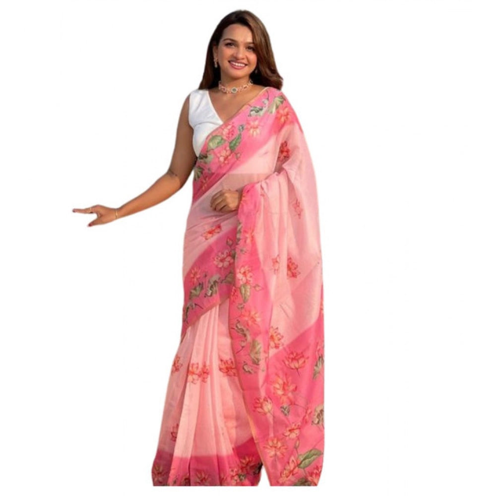 Women's Linen Printed Saree With Unstitched Blouse 5.5Mtr  (Pink)