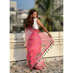 Women's Linen Printed Saree With Unstitched Blouse 5.5Mtr  (Pink)