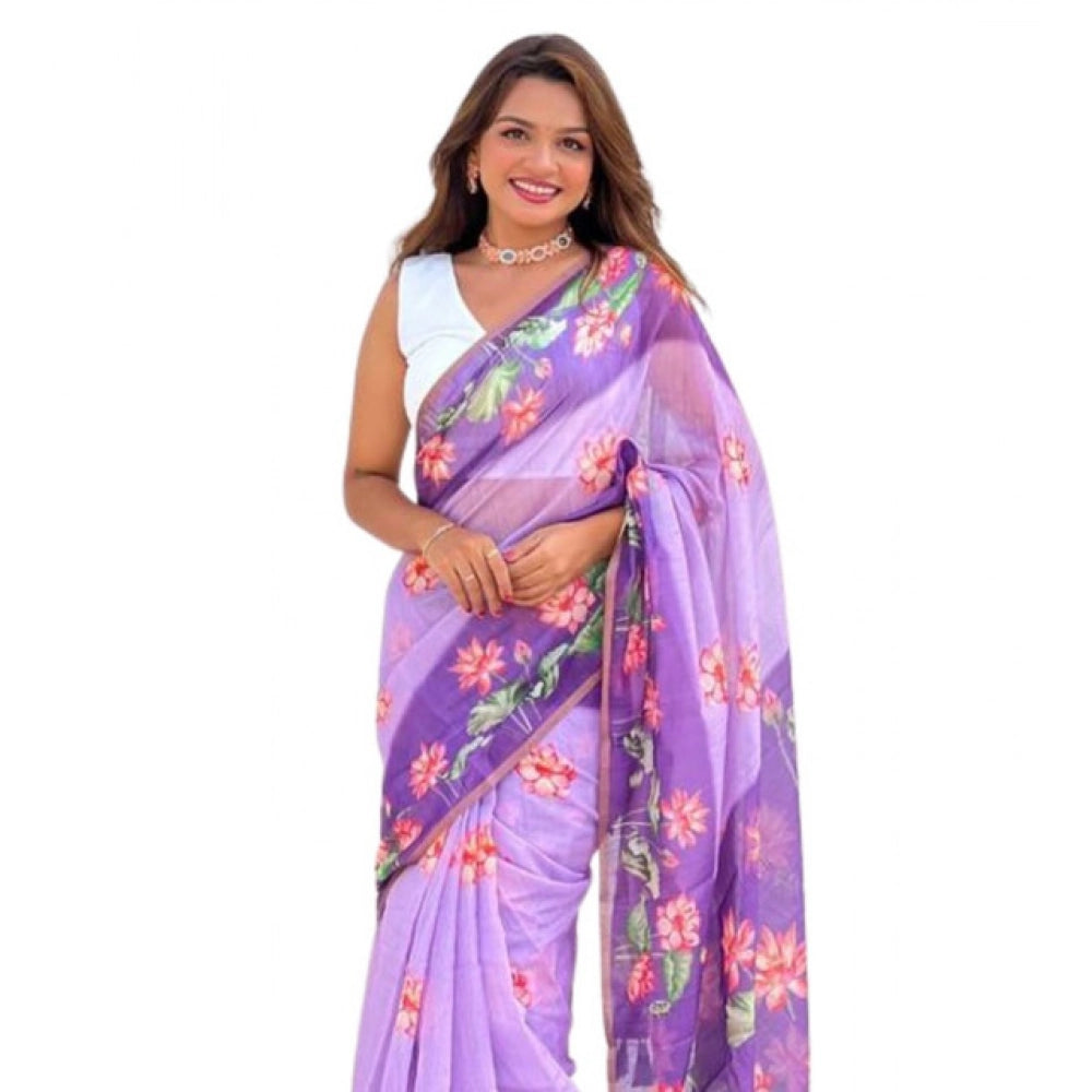 Women's Linen Printed Saree With Unstitched Blouse 5.5Mtr  (Purple)