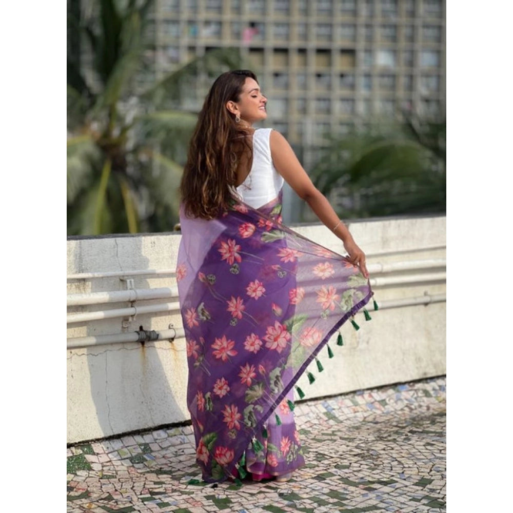 Women's Linen Printed Saree With Unstitched Blouse 5.5Mtr  (Purple)