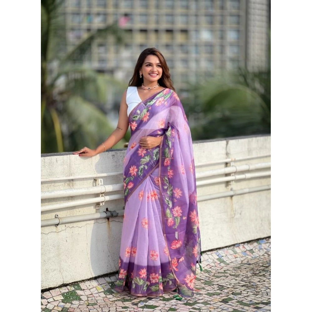Women's Linen Printed Saree With Unstitched Blouse 5.5Mtr  (Purple)