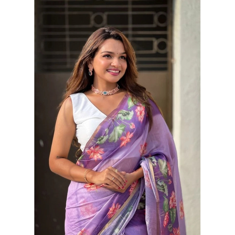Women's Linen Printed Saree With Unstitched Blouse 5.5Mtr  (Purple)