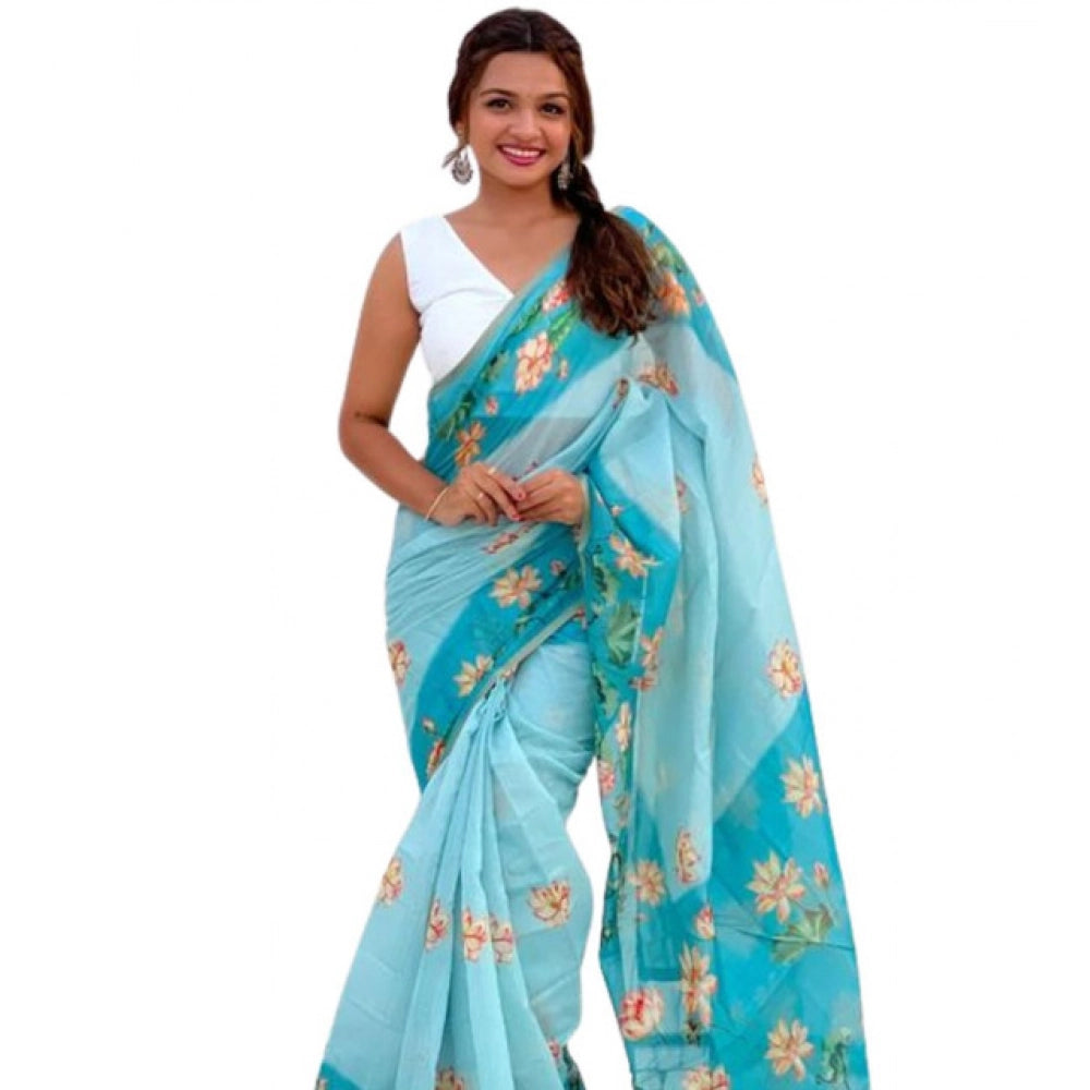 Women's Linen Printed Saree With Unstitched Blouse 5.5Mtr  (Aqua)