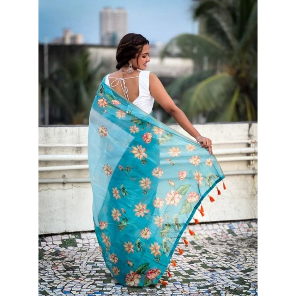 Women's Linen Printed Saree With Unstitched Blouse 5.5Mtr  (Aqua)
