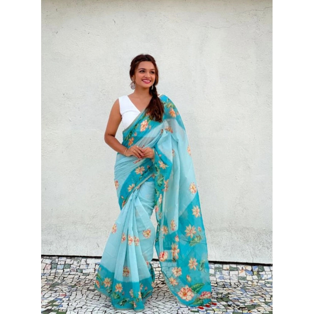 Women's Linen Printed Saree With Unstitched Blouse 5.5Mtr  (Aqua)