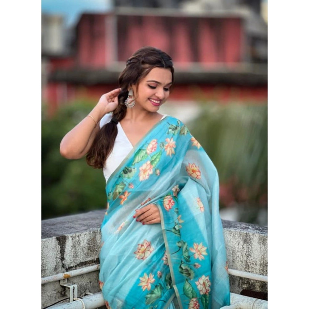 Women's Linen Printed Saree With Unstitched Blouse 5.5Mtr  (Aqua)