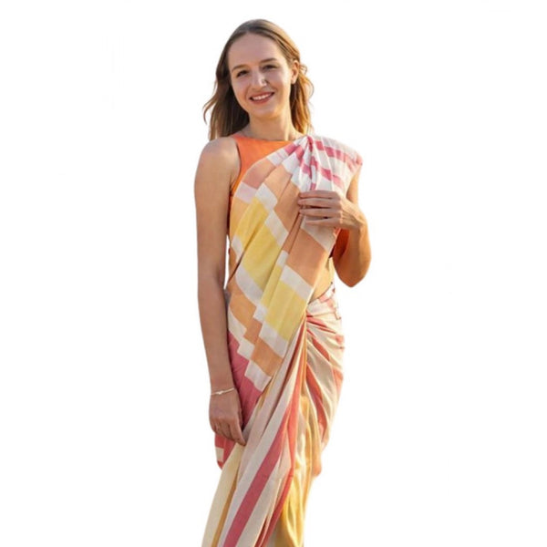 Women's Linen Printed Saree With Unstitched Blouse 5.5Mtr  (Yellow)