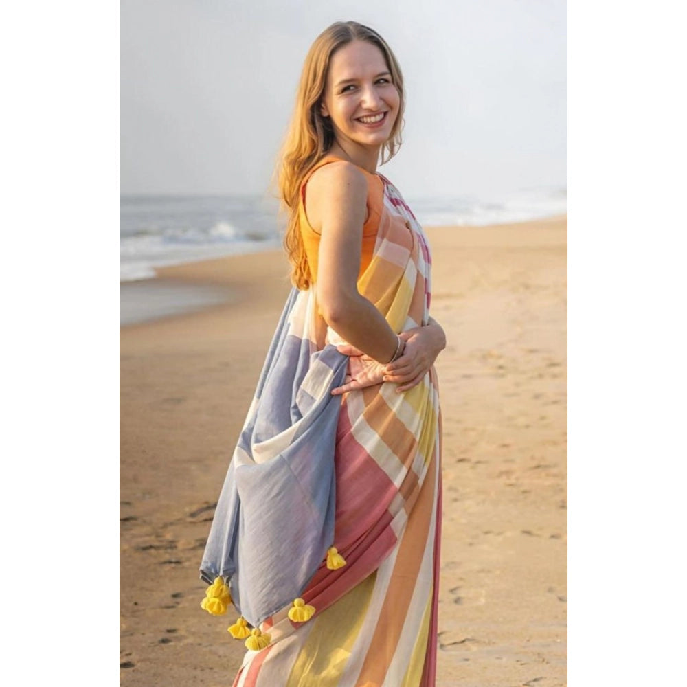Women's Linen Printed Saree With Unstitched Blouse 5.5Mtr  (Yellow)