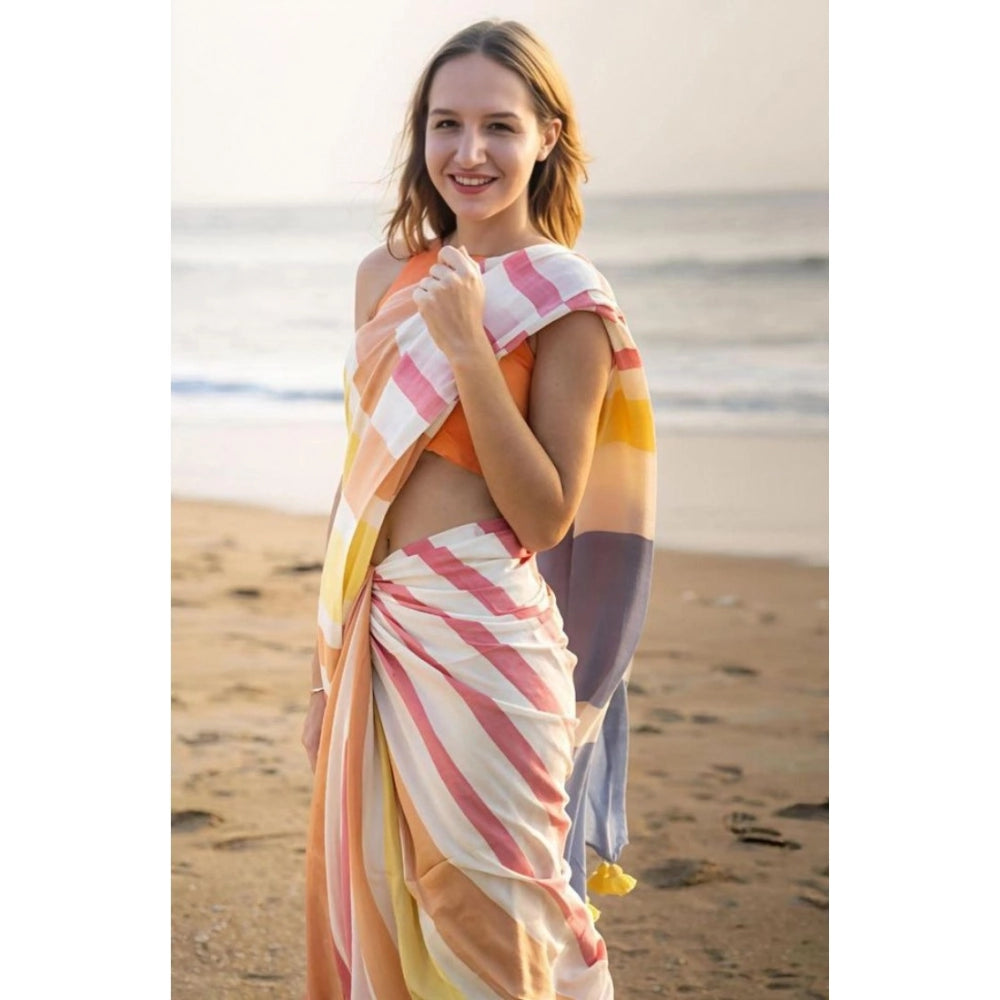 Women's Linen Printed Saree With Unstitched Blouse 5.5Mtr  (Yellow)