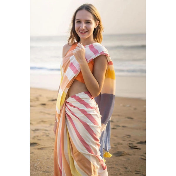 Women's Linen Printed Saree With Unstitched Blouse 5.5Mtr  (Yellow)
