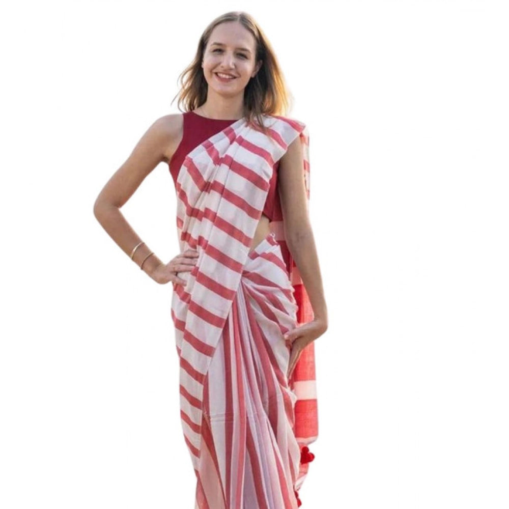 Women's Linen Printed Saree With Unstitched Blouse 5.5Mtr  (Red)